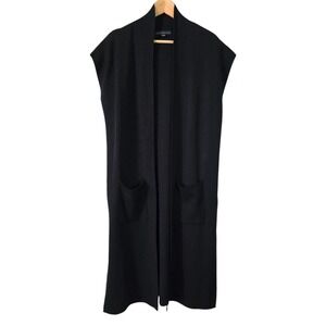 Joan Vass Black Long Duster Vest Open Front Side Slits Sleeveless Cardigan XL